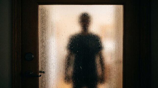 Suspenseful silhouette of a mysterious person standing behind a frosted glass door in a dark hallway