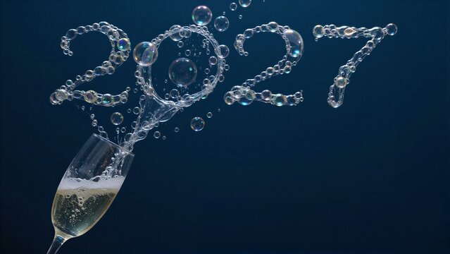Champagne bubbles form "2027" above glass, celebrating new year's arrival.