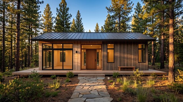 Eco Friendly Scandinavian Wooden House in Pine Woods, Sustainable Architecture and Energy Efficient Modular Building, Real Estate Property Investment
