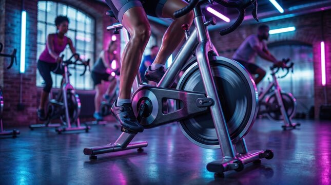 Close up of athletic legs in sneakers pedaling stationary exercise bike in gym spinning class indoor cycling workout with neon lights background