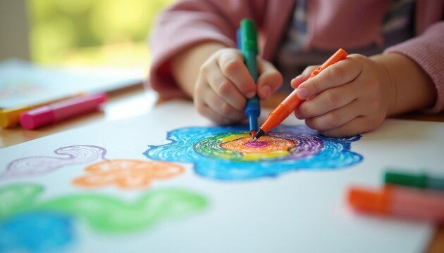 Small child holds colorful markers, draws bright creative shapes on white paper. Toddler makes artistic patterns using felt pens during fun lesson at home desk. Preschool kid develops fine motor