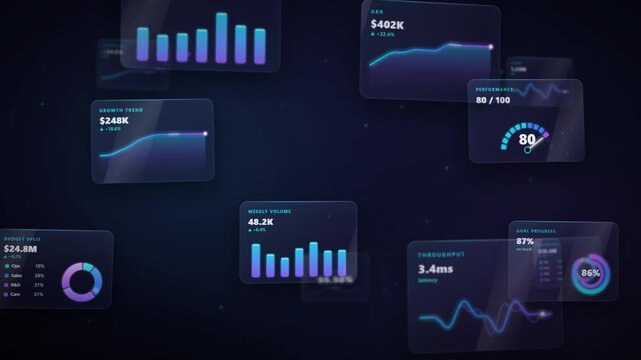 Floating business analytics dashboard panels with charts graphs and KPI data drifting in dark space