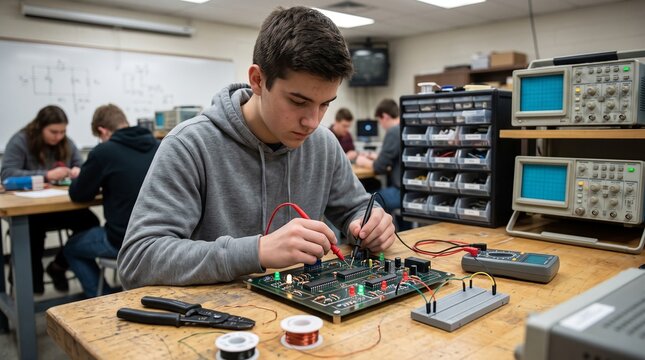 Focused Engineering Student Testing Circuit Board in University Electronics Laboratory