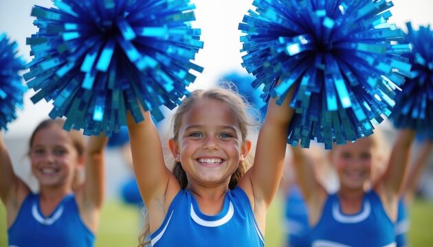 Smiling girls in blue cheerleading outfits hold bright pom-poms up high. They are part of a team performing with great energy and enthusiasm. Focus is on the central girl in this fun childhood moment.