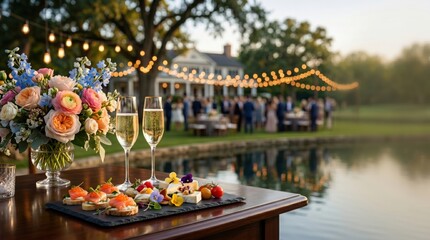 Obraz premium Luxury outdoor wedding banquet table with champagne glasses and appetizers near lake, elegant reception party decoration with flower bouquet and lights