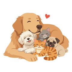 Fototapeta premium A heartwarming group of cuddly pets including a golden retriever, a cute cat, a fluffy dog, and a playful pug, showcasing companionship and love among animals.