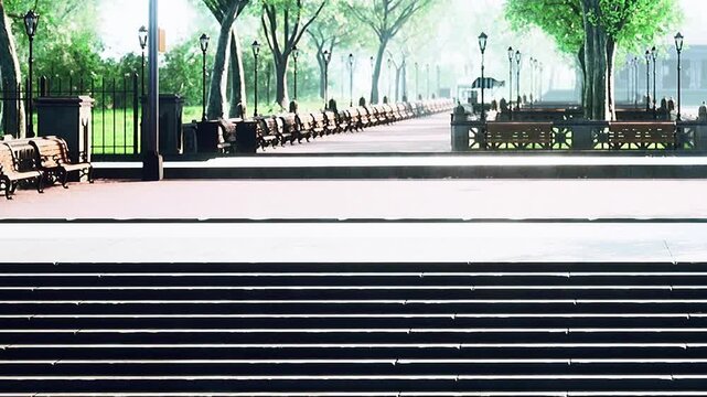 People walk along a pathway in a park filled with green trees and benches. Sunlight shines through the leaves as the day continues, creating a lively atmosphere.
