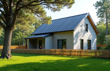 Obraz premium Modern house with light grey wooden siding, dark metal roof stands on green lawn. Large tree with spreading branches provides shade in front yard. Wooden fence surrounds property in sunny residential