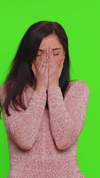 Amused pretty woman pointing finger to camera, laughing out loud, taunting making fun of ridiculous appearance, funny joke anecdote, bullying. Young girl isolated alone on chroma key background