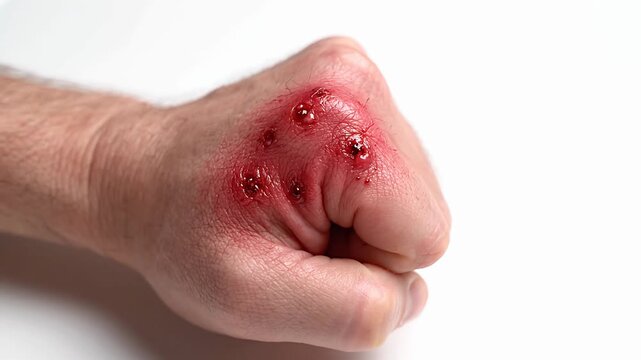 Clenched male fist with bloody knuckle wounds on white background