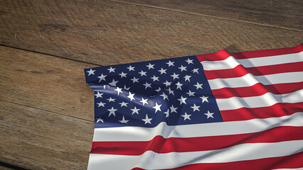 Obraz premium American Flag Draped Across a Rustic Wooden Surface 3d render.