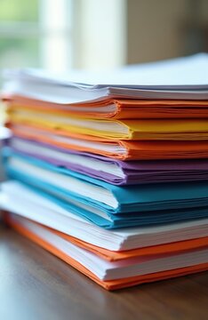 Stack of colorful paper documents sits on wooden table surface. Many bright folders with white sheets lie in organized pile for office work. Pro business supplies rest on desk ready for