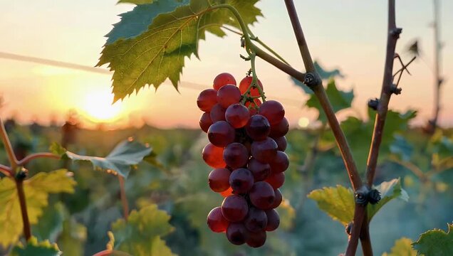 Pristine 4K macro lens close up of a flawless cluster of ripe dark grapes hanging in an estate vineyard at dawn utilizing sharp selective focus to highlight natural skin textures for luxury