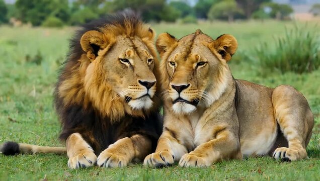 Regal 4K ultra high definition wildlife clip capturing a magnificent wild lion and lioness resting peacefully side by side on the savannah grass highlighting their majestic presence and natural