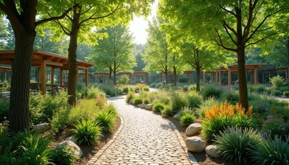 Fototapeta premium Sunny park path curves through vibrant green trees and blooming flowers. Wooden pergolas offer shade for visitors strolling amid lush botanical plants and garden beds.