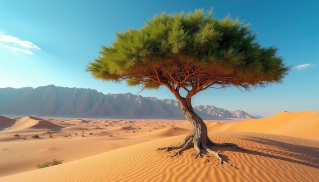 Single Ghaf tree stands on sand dune in Arabian desert landscape near mountains. Green foliage provides shade under bright sun in dry environment. Resilient plant shows survival in hot arid climate