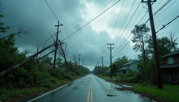 Broken utility pole lies across road after severe storm. Fallen trees block rural street near residential houses under dark cloudy sky. Electrical wires hang low over asphalt path. Heavy wind caused