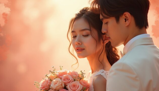 Bride holds rose bouquet near groom in elegant suit. Couple shares tender moment. Romantic wedding scene. Soft pastel light illuminates gentle embrace. Perfect for marriage celebraton.