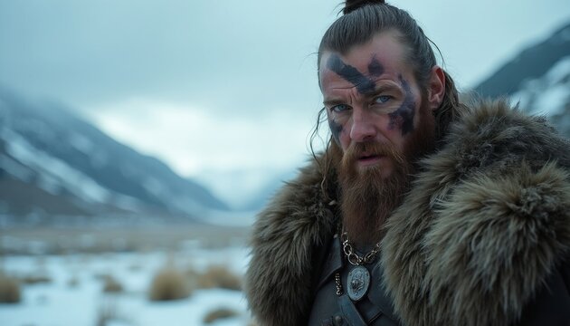 Fierce viking warrior stands in snowy wilderness wearing warm fur cloak. Bearded man with intense expression, face paint looks ahead. Cold winter landscape features icy mountains in background.
