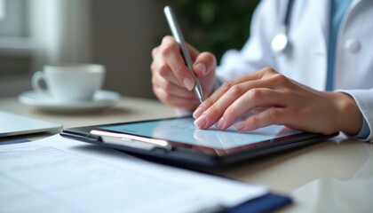 Fototapeta premium Doctor hands sign digital medical document on tablet screen. Medic writes prescription for patient using stylus pen at hospital office desk. Female physician wears white lab coat with stethoscope