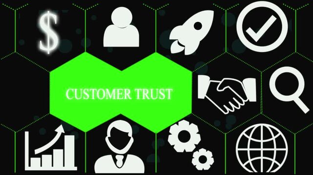 Futuristic business animation featuring a glowing green hexagon with Customer Trust text surrounded by modern business icons including customer, rocket, approval, handshake, search, analytics, setting