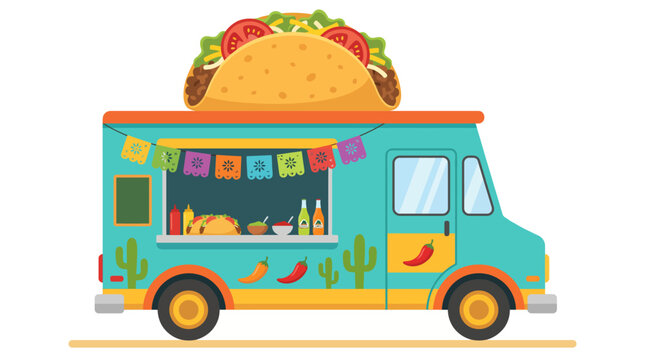 This image features a lively taco truck showcasing a large taco atop, colorful banners, and a variety of toppings, depicting a cheerful street food scene.