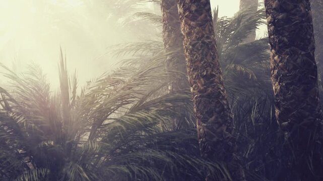 Fog covers the ground as tall plants stretch towards the sky. A palm tree stands firm among the dense greenery. The setting shows a natural, humid environment.