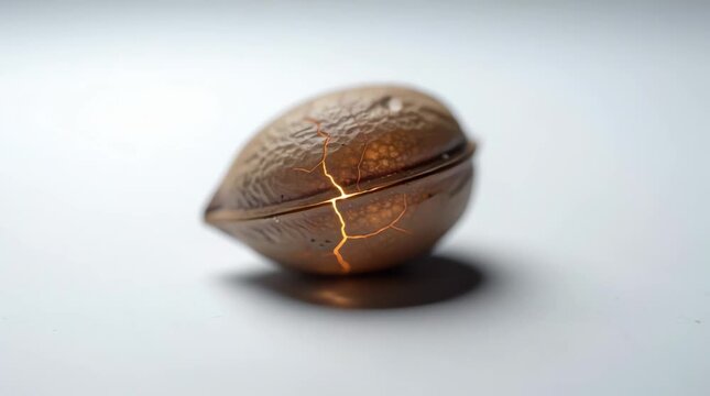 A unique almond, beautifully mended with gleaming gold, showcasing resilience and the captivating art of repair, symbolizing strength found in imperfection and radiating a subtle, warm glow