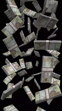 Vertical Bahrain Money, Falling Bahraini Dinar Bills Black Background, Premium Middle East Gulf Finance Cash Stacks, 4K