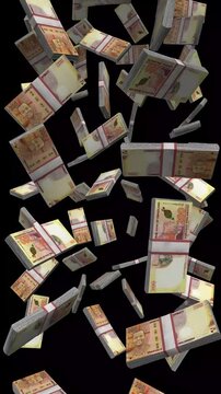 Vertical Eswatini Money, Falling Swazi Lilangeni Bills Black Background, Premium Southern Africa Finance Cash Stacks, 4K