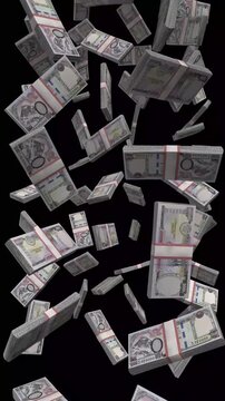 Vertical Nepal Money, Falling Nepalese Rupee Bills Black Background, Premium Himalaya Heritage Finance Cash Stacks, 4K