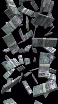 Vertical Barbados Money, Falling Barbadian Dollar Bills Black Background, Premium Caribbean Offshore Finance Cash Stacks, 4K