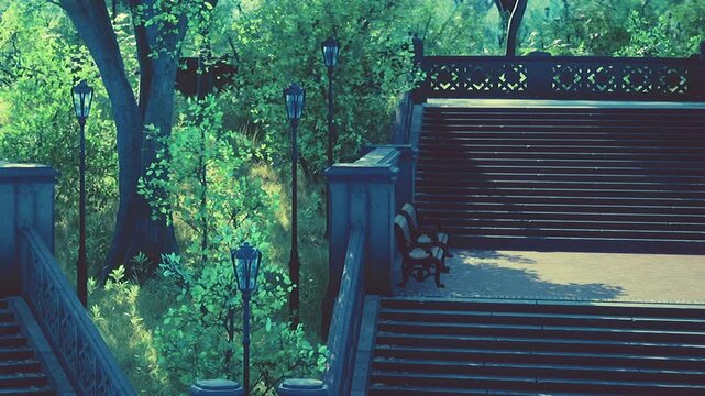 A park has benches along stone steps leading up. Tall trees surround the area. Sunlight shines through the leaves, creating a bright setting. The scene is lively with nature.