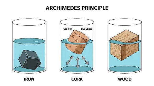 Archimedes principle diagram showing buoyancy of objects