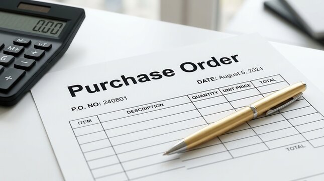 A professional purchase order form with a calculator and a gold pen.