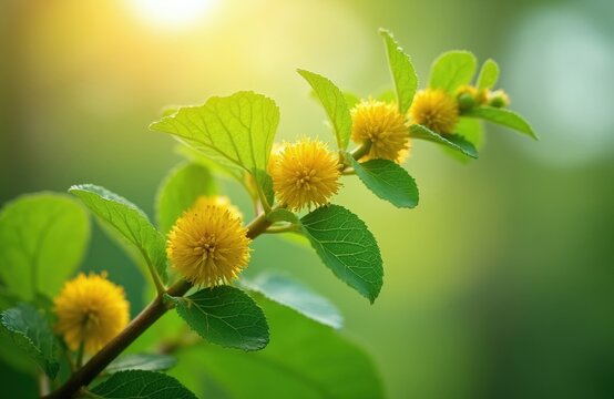 Acmella oleracea plant branch with bright yellow flowers, green leaves in sunlight. Natural botanical background shows medicinal herb growth in garden. Organic floral texture features fresh bloom