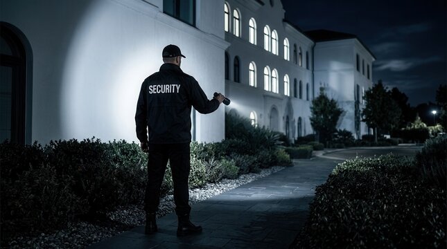 A security guard walking the building perimeter at night using a flashlight.