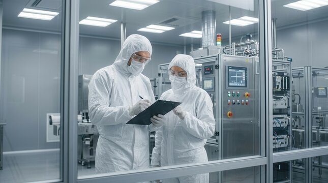 Industrial engineer and technician discussing data in a factory clean room laboratory.