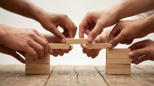 Diverse hands working together to build a wooden bridge concept.