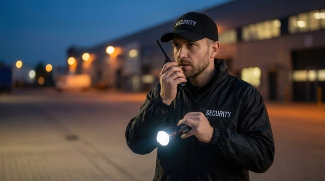 A professional security guard walking at night while using a flashlight and radio.