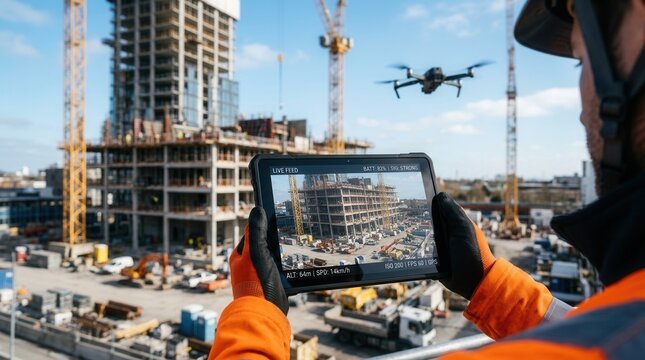An aerial surveillance drone flying over a construction site being monitored via tablet.