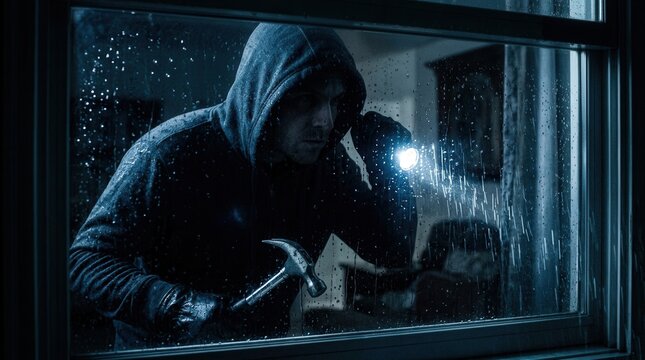 A burglar looking through a house window at night with a hammer.