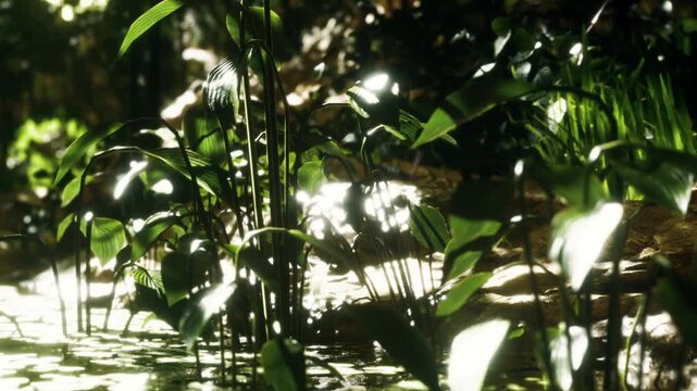 Sunlight shines through the leaves in a green forest. The scene shows plants and water reflecting light. It is a bright day with nature visible all around.