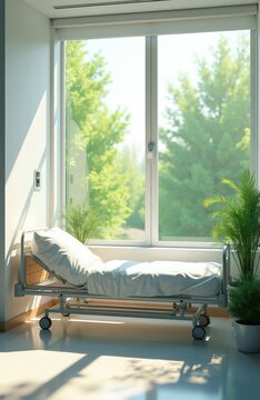 Modern hospital room interior with medical bed near large window. Sunny space features white linen sheets, green indoor plants for patient recovery. Bright airy design provides comfortable