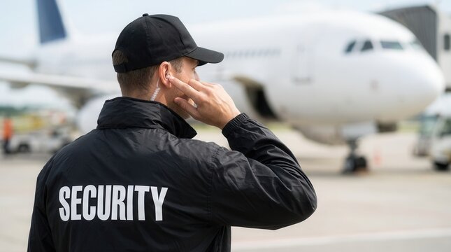 Security guard wearing a black uniform and cap listening to an earpiece at an airport.