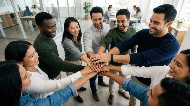 Diverse business team huddle with hands joined in the center.