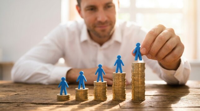 Concept of minimum wage and salary increase using blue figures on coin stacks.