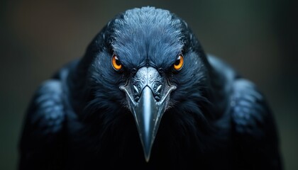 Fototapeta premium Macro portrait of black raven with bright orange eyes. Dark bird head focus on sharp beak, feathers. Wild creature stares directly forward. Majestic scavenger animal looks intense with depth of field
