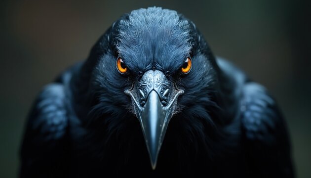 Macro portrait of black raven with bright orange eyes. Dark bird head focus on sharp beak, feathers. Wild creature stares directly forward. Majestic scavenger animal looks intense with depth of field
