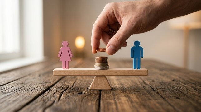 Hand adding coins to achieve equal gender seesaw balance
